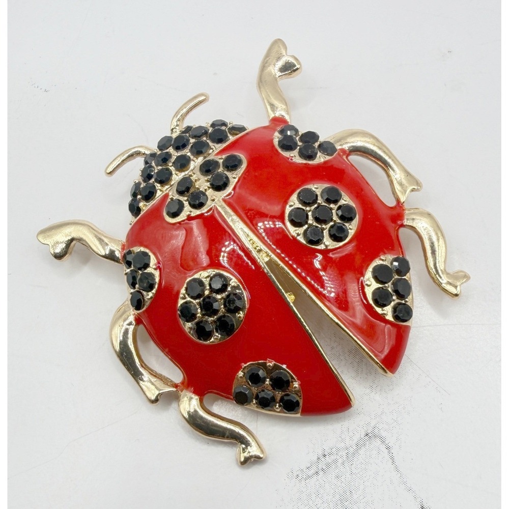 New Oversized Red Ladybug Brooch Black Rhinestone Enamel Gold Tone Pin 2 Inch